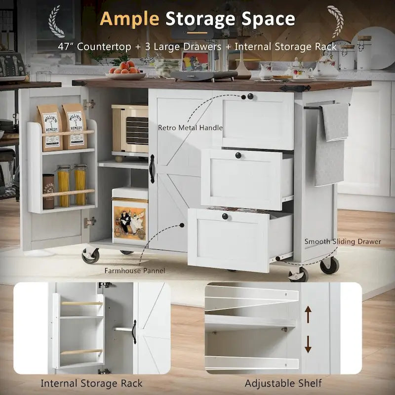 Farmhouse Kitchen Island Cart with Drop Leaf, Barn Doors and Built-In Power Outlet