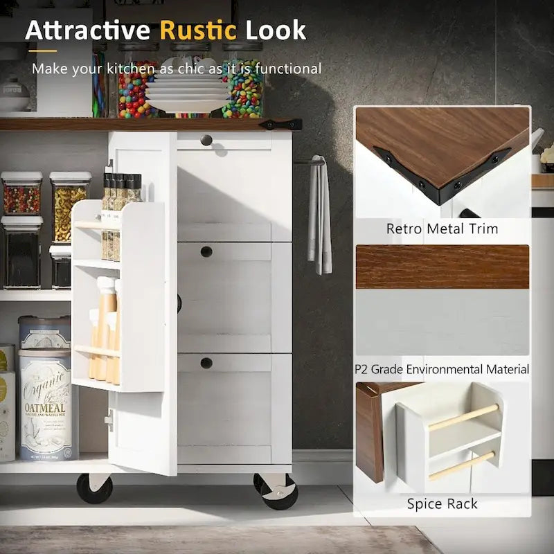 Farmhouse Kitchen Island Cart with Drop Leaf, Barn Doors and Built-In Power Outlet