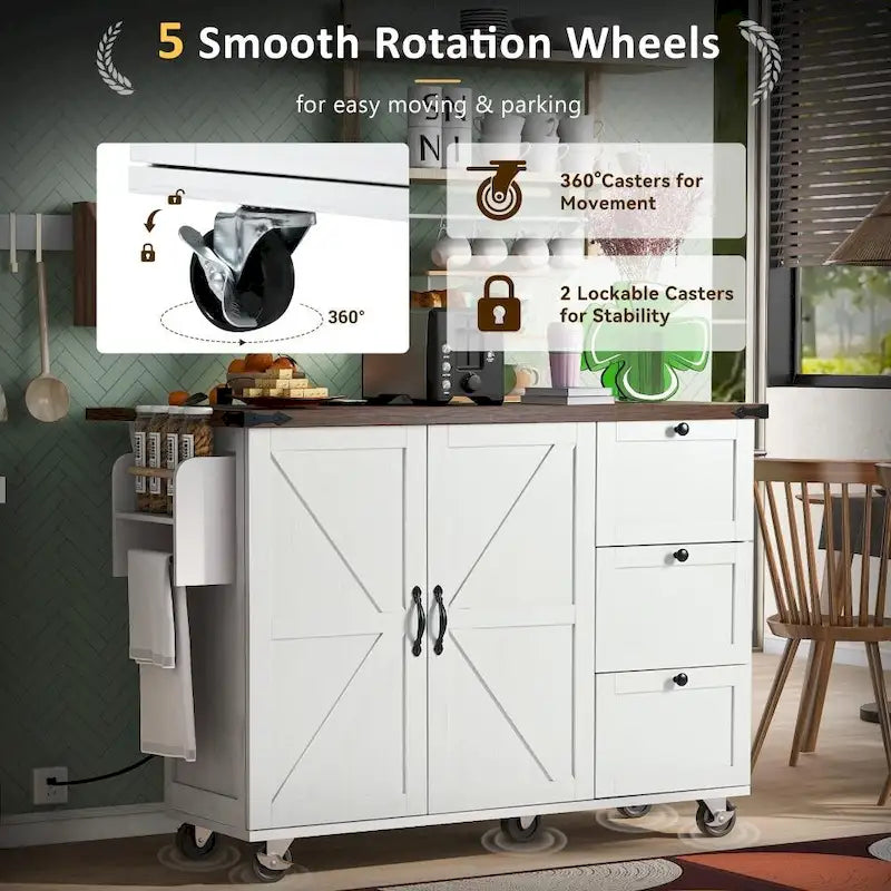 Farmhouse Kitchen Island Cart with Drop Leaf, Barn Doors and Built-In Power Outlet