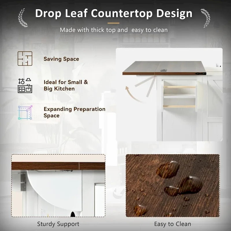 Farmhouse Kitchen Island Cart with Drop Leaf, Barn Doors and Built-In Power Outlet