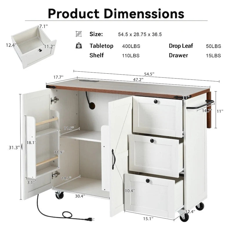 Farmhouse Kitchen Island Cart with Drop Leaf, Barn Doors and Built-In Power Outlet