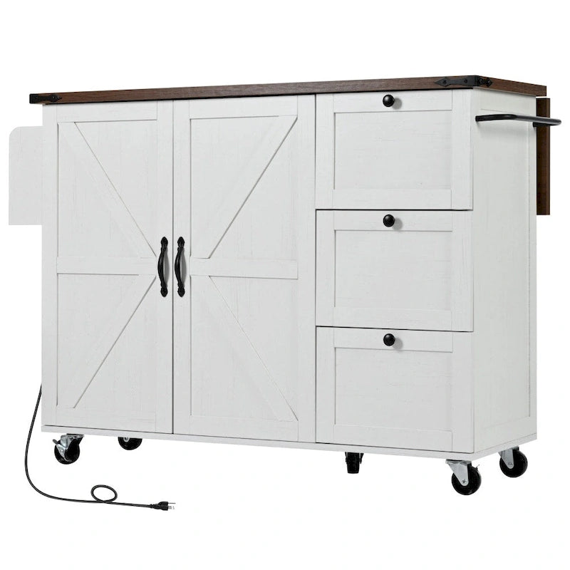 Farmhouse Kitchen Island Cart with Drop Leaf, Barn Doors and Built-In Power Outlet