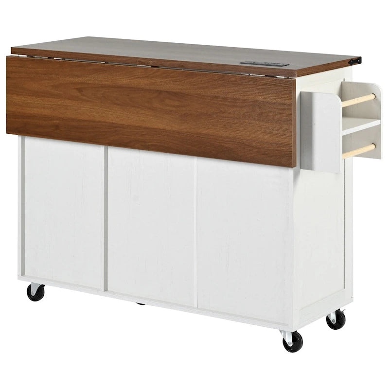 Farmhouse Kitchen Island Cart with Drop Leaf, Barn Doors and Built-In Power Outlet