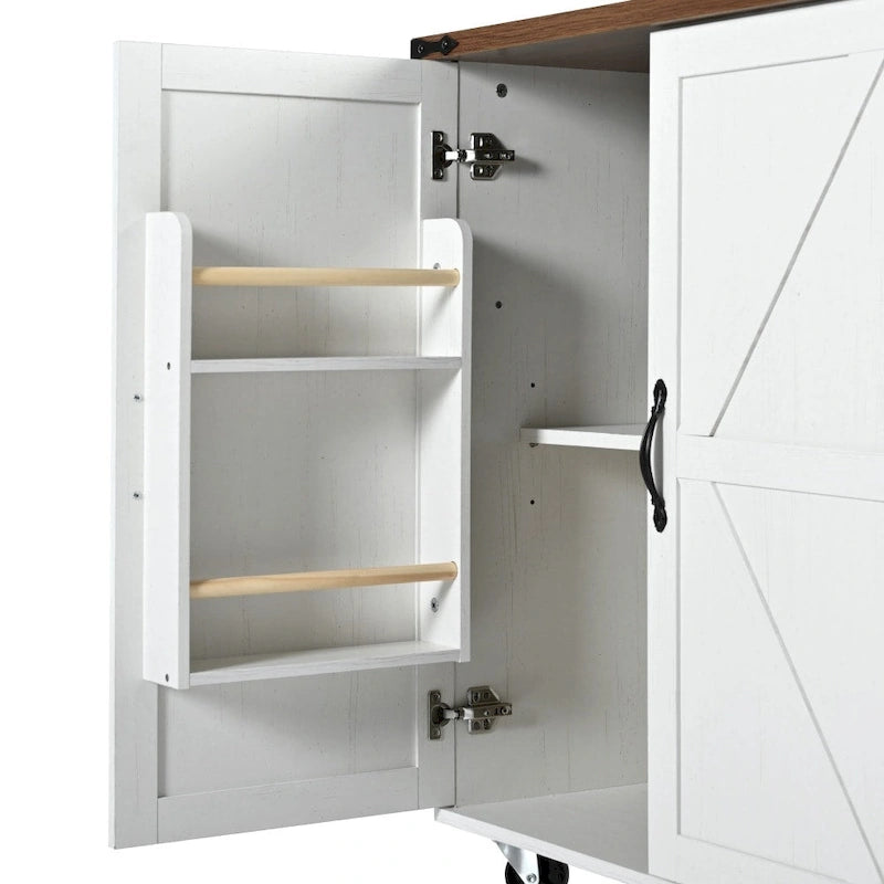 Farmhouse Kitchen Island Cart with Drop Leaf, Barn Doors and Built-In Power Outlet