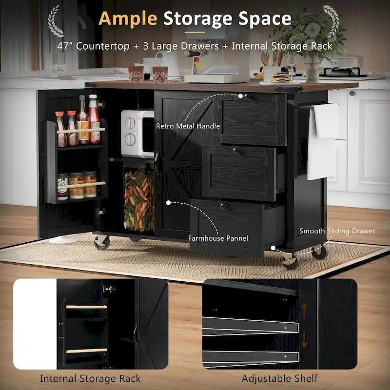 Farmhouse Kitchen Island Cart with Drop Leaf, Barn Doors and Built-In Power Outlet