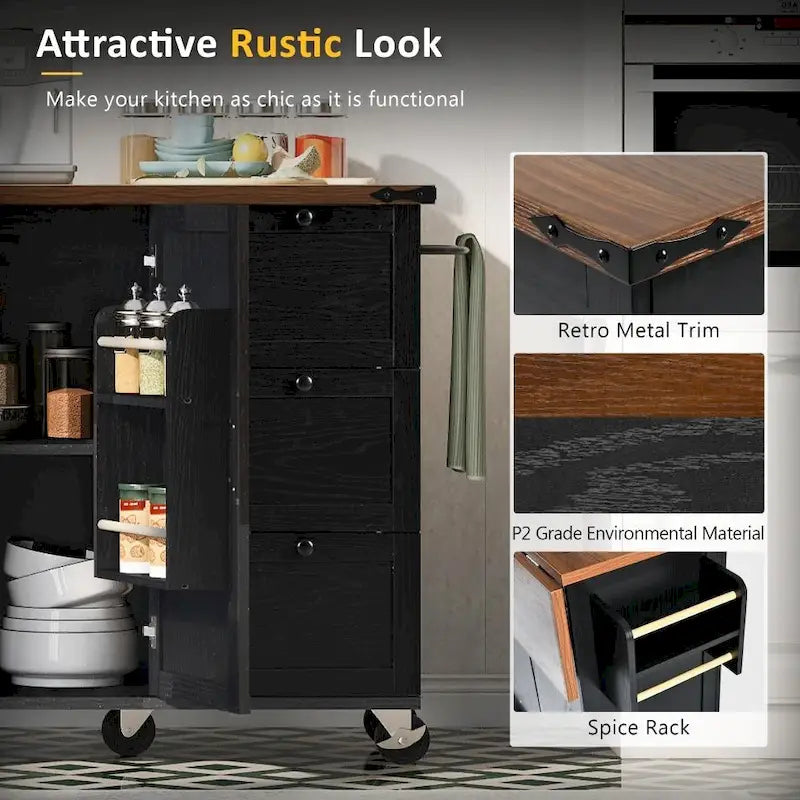 Farmhouse Kitchen Island Cart with Drop Leaf, Barn Doors and Built-In Power Outlet
