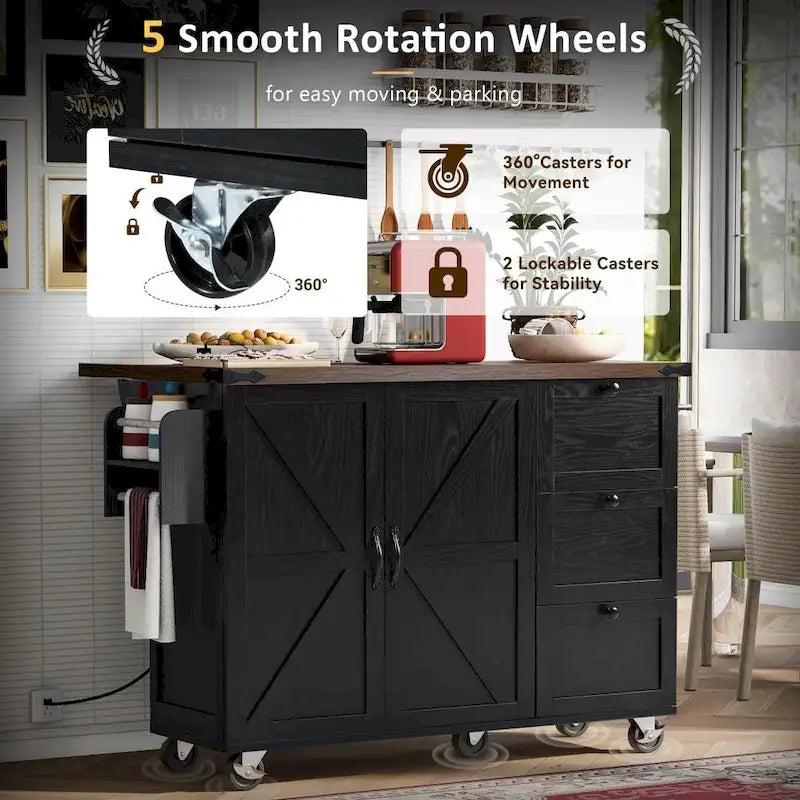 Farmhouse Kitchen Island Cart with Drop Leaf, Barn Doors and Built-In Power Outlet