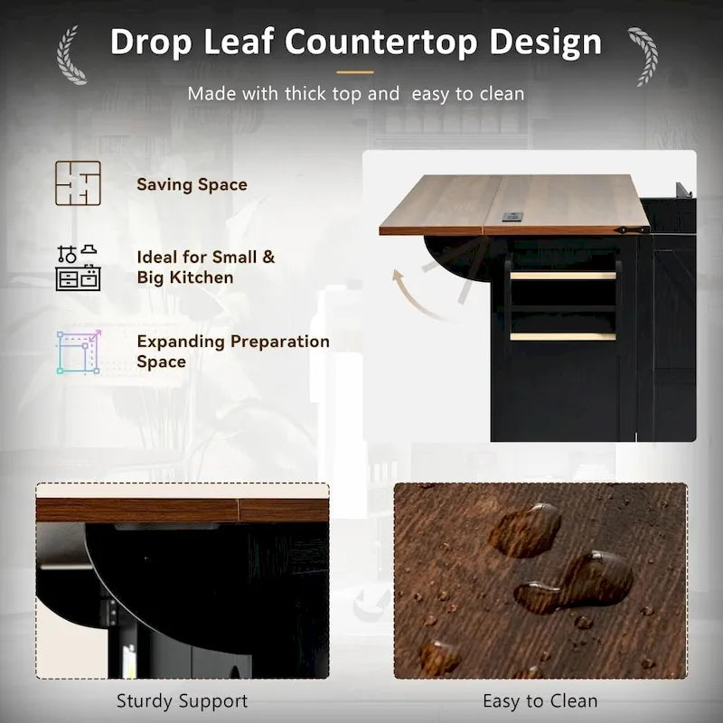 Farmhouse Kitchen Island Cart with Drop Leaf, Barn Doors and Built-In Power Outlet