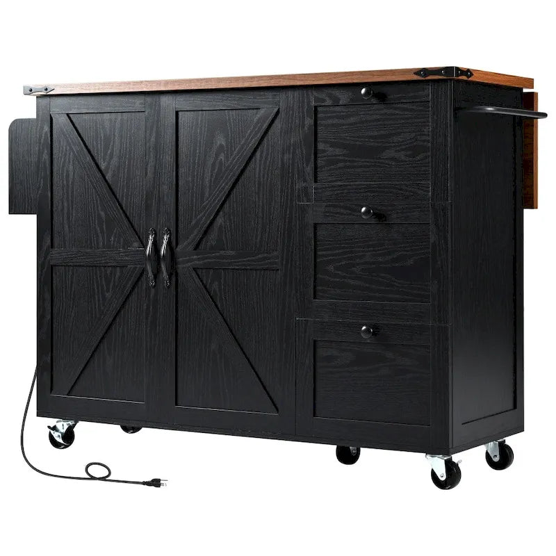 Farmhouse Kitchen Island Cart with Drop Leaf, Barn Doors and Built-In Power Outlet
