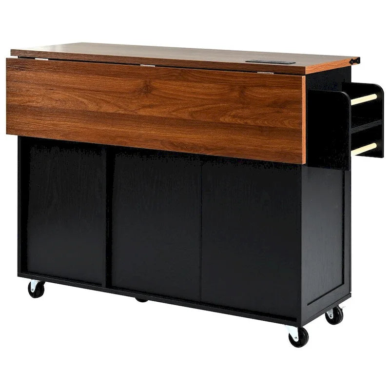 Farmhouse Kitchen Island Cart with Drop Leaf, Barn Doors and Built-In Power Outlet