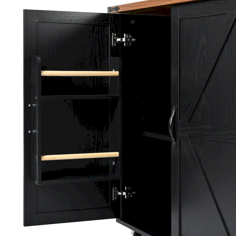 Farmhouse Kitchen Island Cart with Drop Leaf, Barn Doors and Built-In Power Outlet
