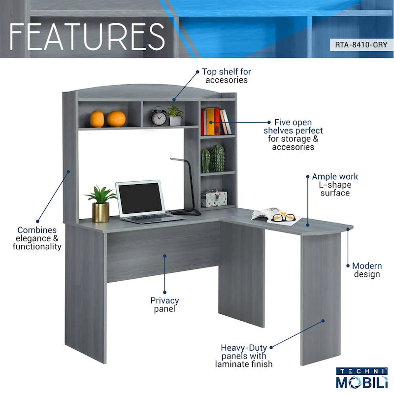 Modern L-Shaped Computer Desk with Hutch & Open Storage Shelves — Grey