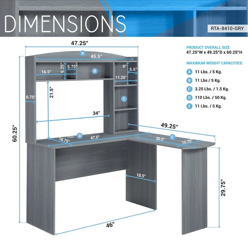 Modern L-Shaped Computer Desk with Hutch & Open Storage Shelves — Grey