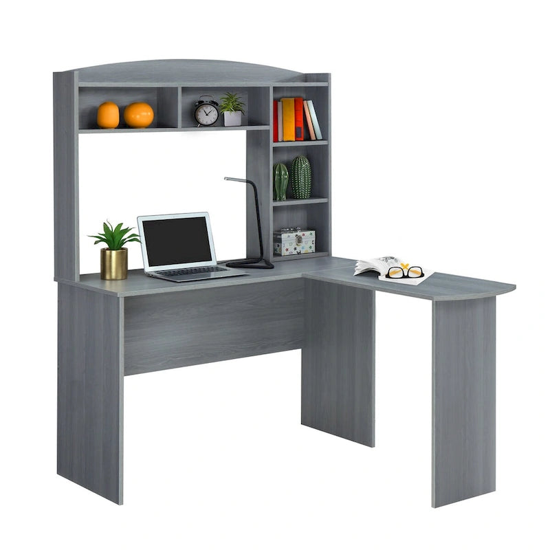 Modern L-Shaped Computer Desk with Hutch & Open Storage Shelves — Grey