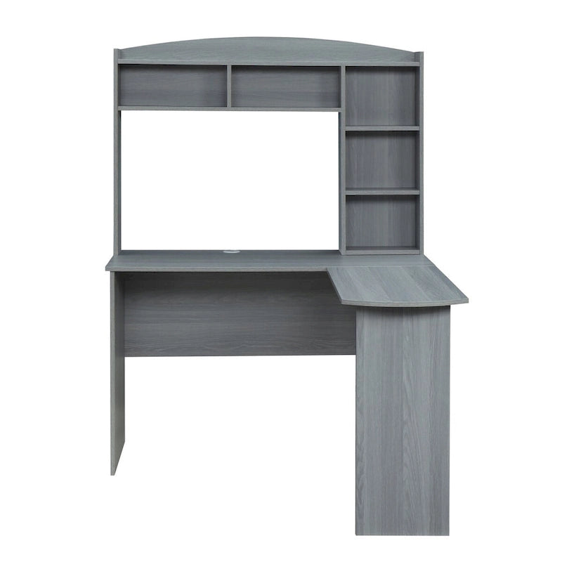 Modern L-Shaped Computer Desk with Hutch & Open Storage Shelves — Grey