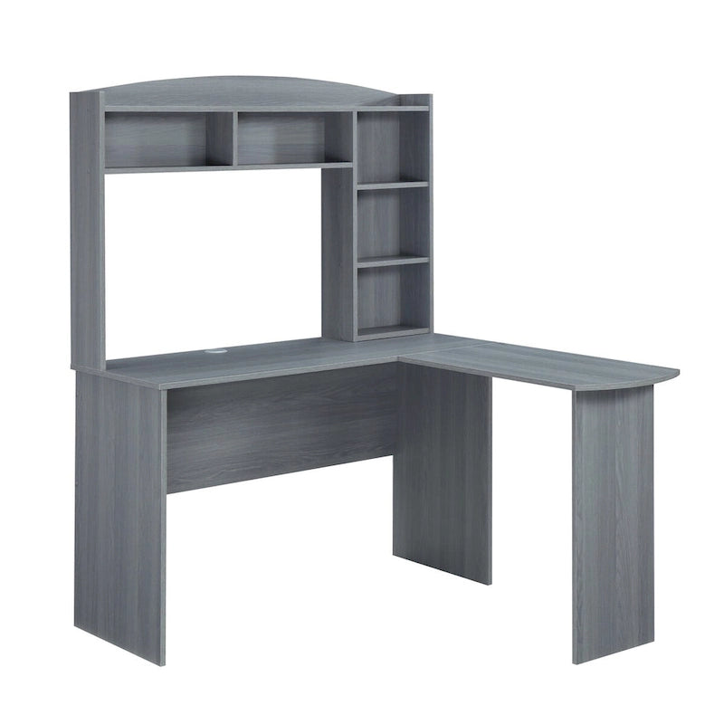 Modern L-Shaped Computer Desk with Hutch & Open Storage Shelves — Grey