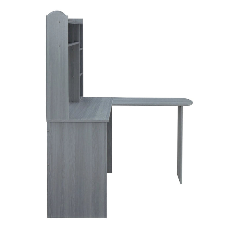Modern L-Shaped Computer Desk with Hutch & Open Storage Shelves — Grey
