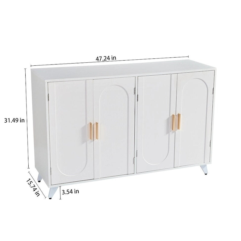 4-Door Sideboard Buffet Cabinet with Water Ripple Design, Removable Shelves in White and Gold