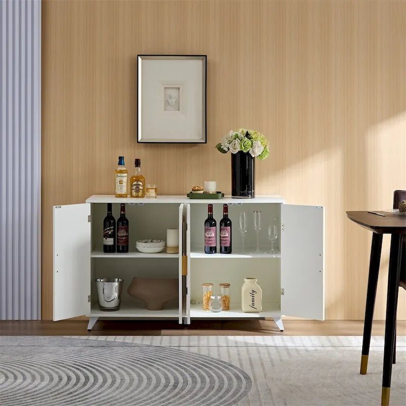 4-Door Sideboard Buffet Cabinet with Water Ripple Design, Removable Shelves in White and Gold
