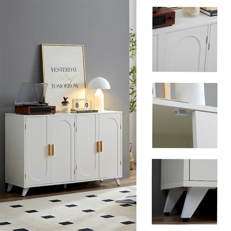 4-Door Sideboard Buffet Cabinet with Water Ripple Design, Removable Shelves in White and Gold