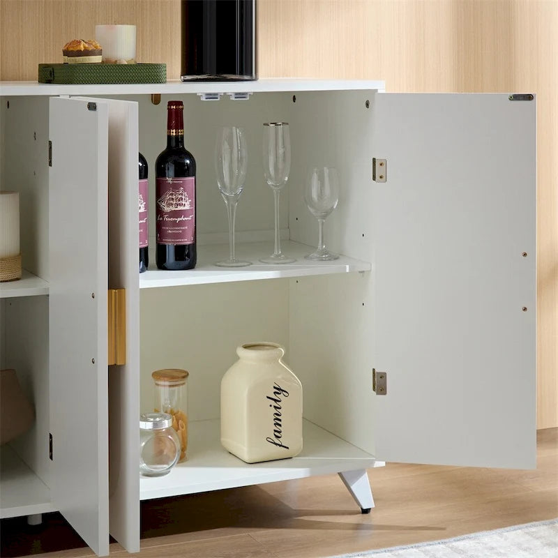 4-Door Sideboard Buffet Cabinet with Water Ripple Design, Removable Shelves in White and Gold